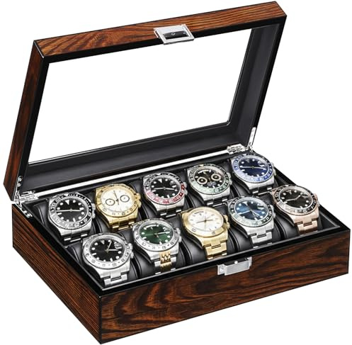 BEWISHOME Watch Case, 10-Slot Watch Box with Large Glass Lid, Wooden Watch Box Organizer for Men, Watch Storage with Removable Watch Pillows, Synthetic Leather Interior, Brown SSH10Y