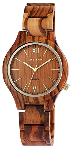 Excellanc Damen-Holzuhr Faltschließe Leuchtzeiger Analog Quarz 1800237 (Zebraholz)