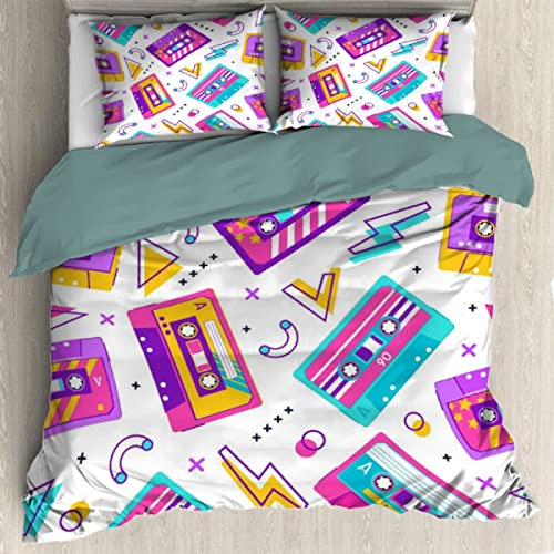 Ottoy Retro Cassette Pattern Lightweight Comfortable 3 Pieces Duvet Cover Luxury Soft Bedding Quilt Set with Pillow Shams Full/Queen Size(No Comforter) 90X104