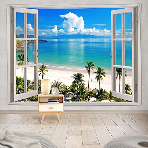 YISUMEI Ocean Beach Wandteppich, Hawaii Sea Nature Fake Faux Window Art Tapisserie Wandbehang für Schlafzimmer College Dorm Living Tropical Summer Room Office Decor(M/130x150cm)