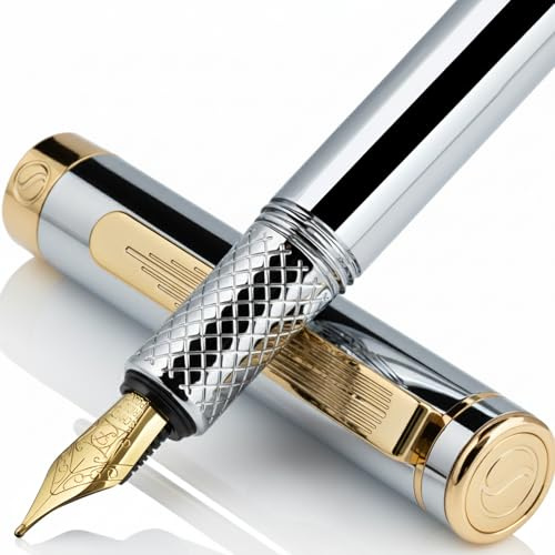 Scriveiner Stylo Plume de Luxe EDC (fin), Stylo de poche finition Plaqué or véritable, Plume dorée Schmidt, Convertisseur, Coffret cadeau stylo d'écriture homme et femme, Stylo plume de bureau
