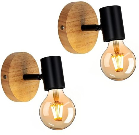 Tealight Wandleuchte Holz, Wandleuchte Innen schwarz, 2 Stück Wandlampe Innen Vintage, Industrial Retro Lampe aus Metall und Holz E27 für Wohnzimmer, Schlafzimmer, Treppenhaus, Flur, 350°-Drehung