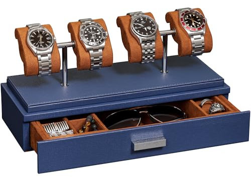 ROTHWELL Luxus-Uhren-Vitrine für 4 Uhren - Uhrenbox aus Leder mit Acryl-Abdeckung und abnehmbaren Einschubkissen - Zubehörschublade mit mehreren Konfigurationen (Blau/Hellbraun)