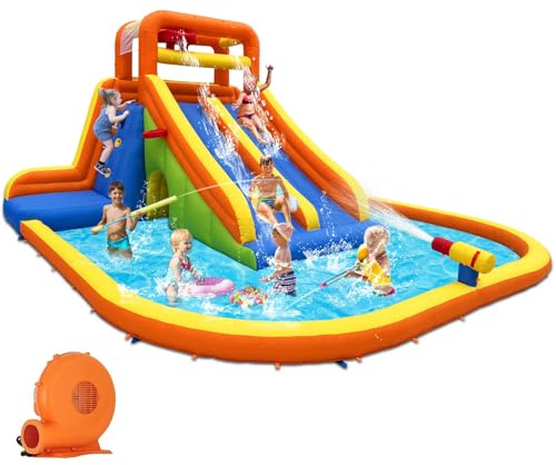 HuaKastro 15.6x15FT Giant Water Slide for Big Kids 5-12, Inflatable Water Park with Big Splash Pool, Dual Tall Slides & 2 Climb Walls for Racing Fun, W/Surprise Water Dump Bucket, Hide&Seek Cave