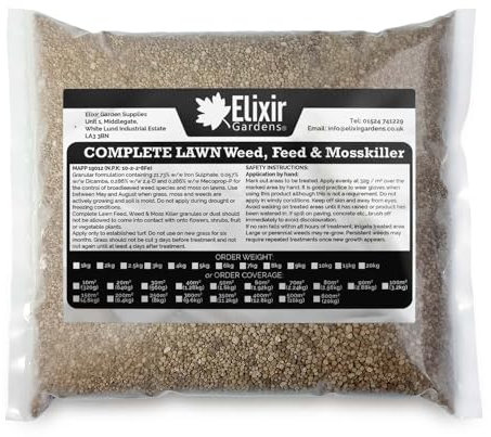 Elixir Gardens Seasonal Lawn Fertilisers for Turf & Grass | Complete Lawn Weed, Feed & Mosskiller with added Iron | 10-2-2+8Fe | Treats 10 Sq. Meters