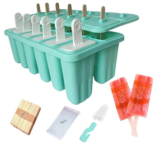 Silicone Popsicle Molds with Sticks Wpunwen 12 cavity Ice Popsicle MoldsIce Cream Mold with Clean Brush 12 Reusable Sticks 50 Sticks 50 Bags Green