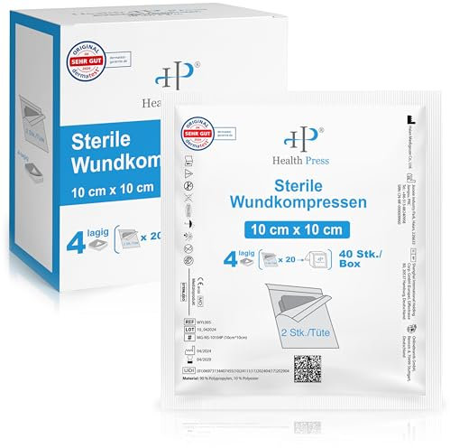 Health Press Sterile Kompressen 10x10 cm – 40 Wundkompressen im Set (20x2 Stück) – Verbandsmaterial für Wundversorgung – Mullkompressen 4-lagig – Wundauflagen Steril – Verband Dermatologisch Getestet