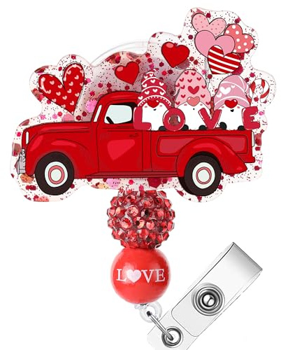 Valentine's Day Badge Reel Retractable - Red Car Gnome Love Nurse Name Badge Holder Holiday Gift for Girlfriend, Love Balloon Acrylic Retractable Badge Reel with Alligator Clip Holiday Gift for Women