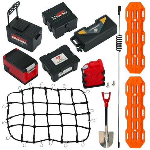 11Pcs Roof Rack Accessories Set Simulation Luggage Net/Fuel Tanks/Shovel/Recovery Boards/Fishing Boxes Tool Case/Antennas Compatible with 1/10 Scale RC Crawler TRX4 TRX6/SCX10/Gen7 Gen8