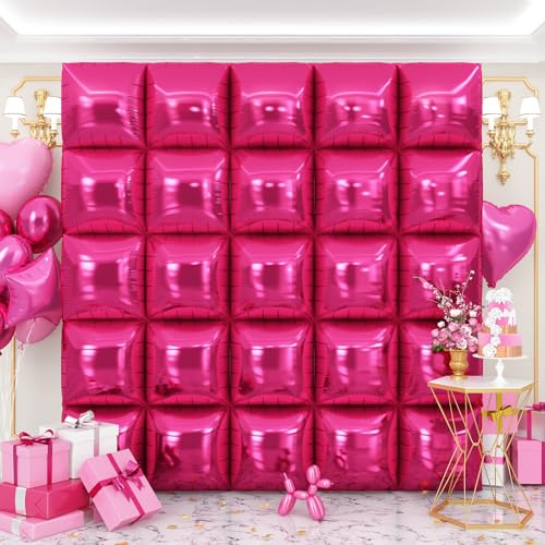 OTLGEUA Hot Pink Square Foil Balloons Wall Backdrop 25Pcs Double Sided Rose Red Balloon Tunnel Arch Kit For Birthday New Year Baby Shower Party Decorations