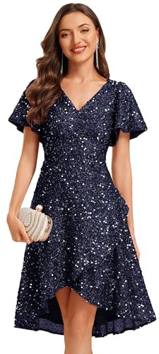 Ever-Pretty Damen Kleider Abendkleid mit Pailletten V-Ausschnitt Kurzarm High-Low Midi für Party Sommer Ball Navy Blau 38