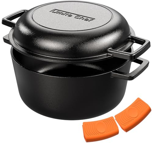Cast Iron Dutch Oven Pot with Skillet Lid – Pre-Seasoned – Skillet Lid Cooking Pan– PFAS-Free –Umite Chef Cast Iron Skillet Cookware for Bread, Frying, Baking – Dual Handles – Oven, Grill, Campfire