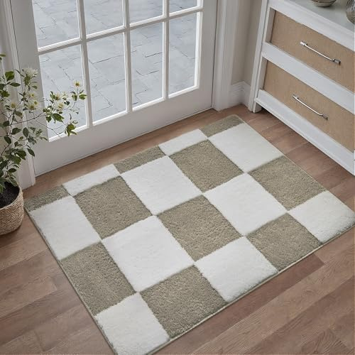 PureCozy Entrada Alfombra 60x90cm Marrón Blanco Lavable Lavadora Antideslizante Pie de Cama Habitacion Cocina Oficina Tapete Pelo Corto Pequeña Carpet Moderno Cuadros Rug