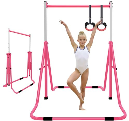 QILEBA Gymnastics Bar for Kids, Adjustable Height Gymnastic Horizontal Bars, Folding Gymnastic Junior Training Monkey Bars Equipment for Home Indoor/Outdoor Using, Pink