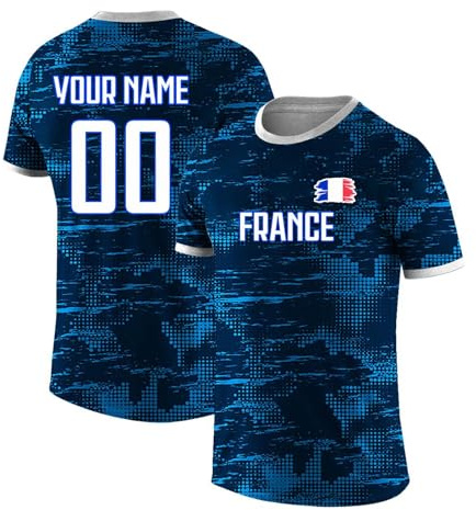Maillot de Foot Personnalisé France, T-Shirt Sport Personnalisable Nom et Numéro, Enfant et Adulte Tenue de Sport pour Entraînement et Cadeau Football