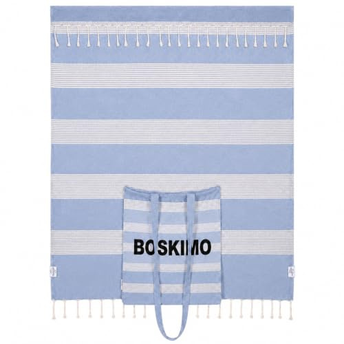 BOSKIMO Large Beach Towel with Sewn Bag 2 in 1 – Fouta Style Sarong with Fringes, 90 x 200 cm – Multipurpose Towel and Bag for Men and Women – Ideal for Pool, Picnic, Spa and Travel – 5 Colours