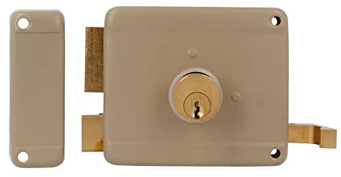 Amig - Serrure à chevauchement gauche avec levier de verrouillage, languette et poignée pour portes en bois Mod. 78 | 100 x 85 mm | Loquet avec cylindre à vis rond | Acier beige