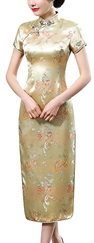 Laogudai Femme Robe Rétro Longue à Manche Courte Robe Cheongsam Qipao pour Soirée Cocktail Cérémonie Robe Traditionnelle Chinoise Col Montant 40 Doré