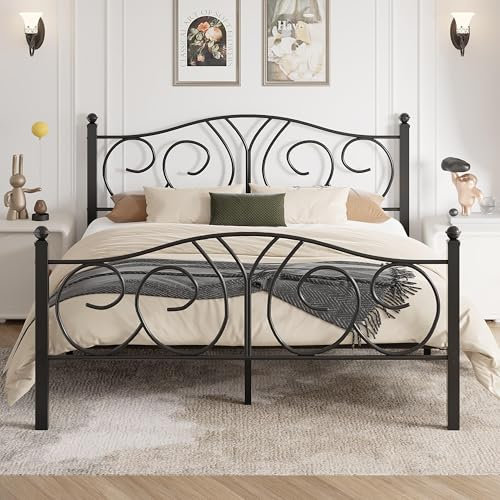 VECELO Metal Platform Double Bed Frame Mattress Foundation with Deluxe Headboard & Footboard No Box Spring Needed, Heavy Duty & Easy Set up,Large Storage Space Black