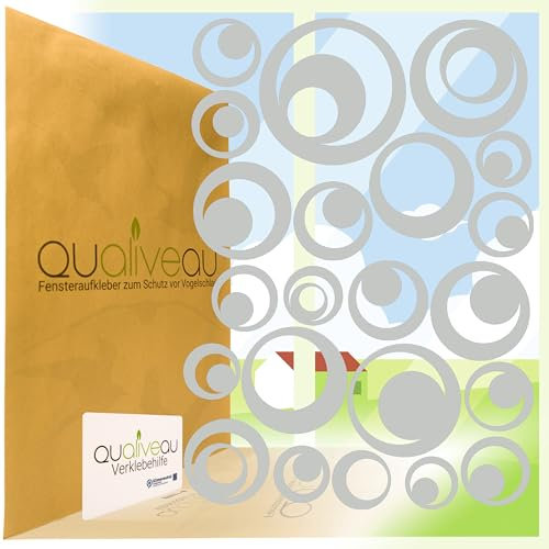 Qualiveau® 22 Retro Kreise Aufkleber zum Schutz vor Vogelschlag | Komplett – Set mit Verklebehilfe | Farbe: Hellgrau