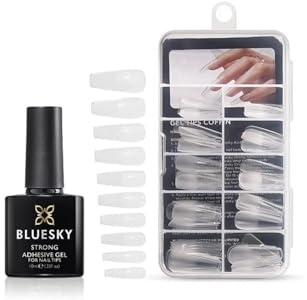 Bluesky Soft Gel Tips Kit with Strong Adhesive - Coffin. Coffin Nail Tips and Gel Nail Glue for False Nails. 100 x Full cover False Nails with Glue (Requires curing under UV/LED lamp)