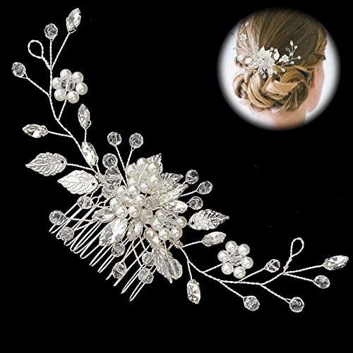 Mariée Peigne à cheveux, Mariage Élégant Bijoux de tête Peigne à Cheveux en cristal avec Fleurs Feuille et Perles pour les Femmes et les Filles(Argent)