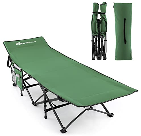 GOPLUS Lit de Camping Pliable 1 Personne avec Appuie-tête Incliné, lit de Voyage Portable avec Poche Latérale & Sac de Transport, Charge 272 KG, pour Camping, Randonnée, Pêche, 190X70X54 CM