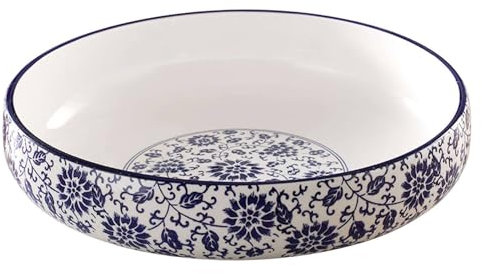 TYMYYS Insalatiera Per Pasta In Ceramica Ciotola Da Portata Grande, Piatto Fondo Grande Profondo-bianco e blu-30x30x8cm, 3000ml
