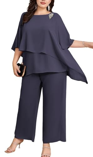 Hanna Nikole - Conjunto elegante de dos piezas para mujer de gran talla, conjunto de fiesta de chiffon, cóctel y elegante, incluye camisa y pantalón de cintura alta, gris, 54 Grande