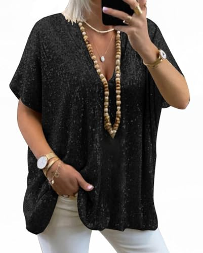 Minetom Donna Maglietta Elegante Paillettes Oversize Camicette Camicia Manica Corta Scollo V Blusa Tops A1 Nero 3XL