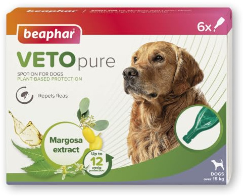 Beaphar - VETOpure Flea Spot-On for Dogs (over 15kg) – 6 pipettes | Repels fleas for up to 4 weeks, 6 pipettes giving up to 12 weeks plant-based flea protection, dogs (>15kg) from 12 weeks old