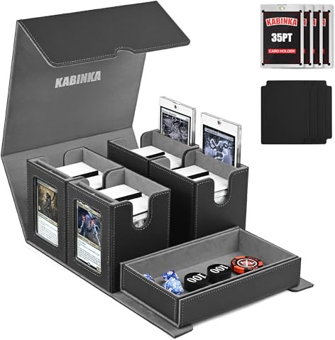 Kabinka Card Deck Box for MTG Commander, Holds 400+ Double-Sleeved Cards, 5 IN 1 Detachable Card Case with Dice Tray, Fits Magic/TCG Cards, 4 Magnetic Card Holders & Dividers (Black)
