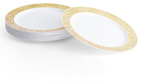 MATANA 20 Assiettes en Plastique Blanc Premium avec Bordure Dorée (26cm) - Assiettes Blanches Solides, Réutilisables et Élégantes pour les Fêtes, les Mariages, les Anniversaires