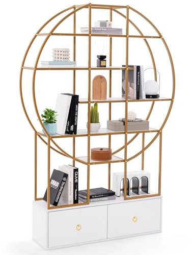 Modern 6 Tier Gold Metal Bookshelf with 2 Storage Drawers 180cm Tall Etagere Bookcase for Home Office and Living Room