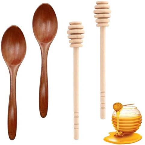 Issimober 4 cucchiai per miele, 14 cm, in legno, 15 cm, per miele e sciroppo, per miele e miele (2 + 2, marrone)