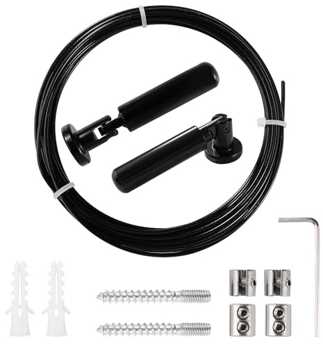 Lyeteung 5m Wall Mount Curtain Wire Rod Set, Hanging Wire Curtain Drape Rod, for Light/Lamp Photos Art Projects Clothesline, Black