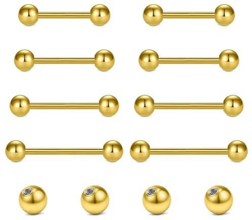 Briana Williams 8pcs Tongue Bars Nipple Ring and 4pcs Replacement Balls, 14G Stainless Steel Metal Straight Barbell Piercing Jewellery 12/14/16/18mm