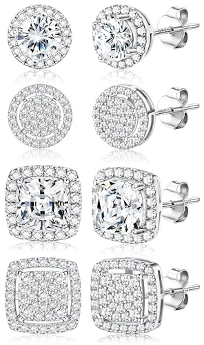 Dochais 4 Paia Orecchini Argento 925 Uomo Donna Orecchini Diamante Zirconi Cubici Quadrati Rotondi Brillantino Set Orecchino a Bottone Ipoallergenici Placcati Oro 14K Orecchino Simulato Halo