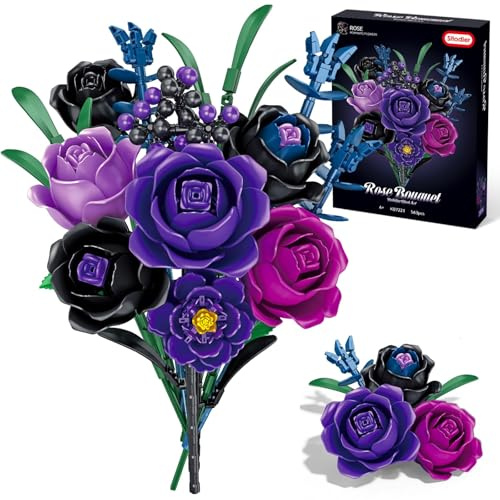 Sitodier Juego de bloques de construcción de ramo de flores, kit de colección botánica de rosas moradas y negras para el día de San Valentín, para mujeres y niñas, estilo gótico, decoración de centro