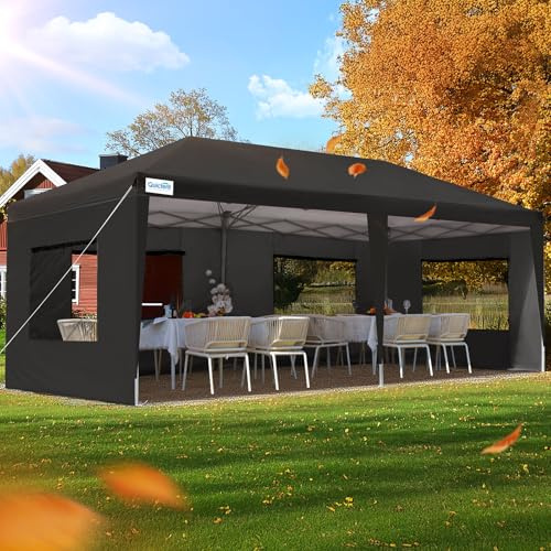 Quictent Carpa Plegable 3x6m con Paredes Laterales con Ventanas de Malla, Refugio para Eventos de Altura Ajustable, Tienda Portátil para Fiestas de Jardín y Camping, Negro