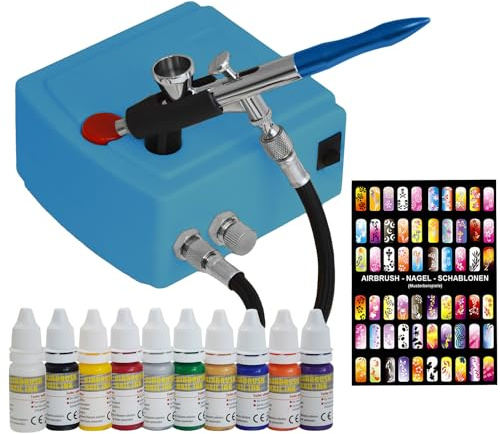 Airbrush Kompressor Set Komplett Set- Mini Kompressor Carry I Gelb - mit Nail Farben und Schablonen-Set, Universal Airbrushpistole Single Action mit 0,3 mm Nadel-/Düsen-Set