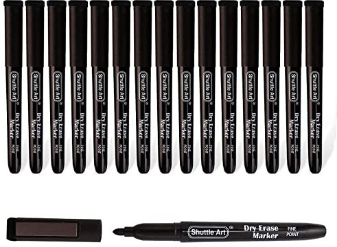 Shuttle Art Whiteboard Marker schwarz, 15 magnetische whiteboard stifte abwischbar schwarz, Folienstift trocken abwischbar fein, für Whiteboards, magnetische Schreibtafeln, Spiegel geeignet