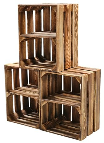 Teramico Lot de 3 caisses à vin en bois - Flammées - 40 x 30 x 25 cm - Avec étagère intermédiaire - Comme étagère et décoration (3 x cartes installées)