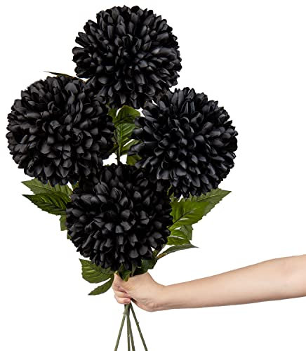 Große künstliche Chrysanthemen-Blumen mit 65,6 cm langem Stiel, 4 Stück schwarze Kunstblumen aus Kunstseide für Heimdekoration, Braut, Hochzeit, Party, Garten, Blumenarrangement, 15,2 cm