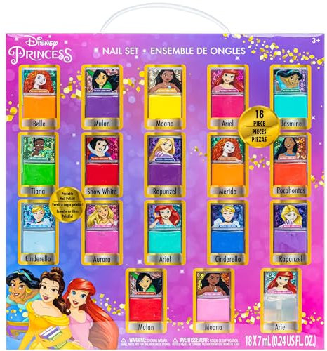 18-teiliges Set mit Nagellack für Kinder, wasserbasiert, schnell trocknend und abziehbar, perfekt für Partys und Pyjamapartys, für Kinder ab 3 Jahren, von Townley Girl (Disney Princess Square Bottle)