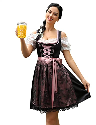 KOJOOIN Dirndl Vestido Tradicional Midi para Mujer De 3 Piezas. Moda Trachten Que Incluye Vestido Dirndl, Blusa Dirndl, Delantal Dirndl para Ocasiones Especiales De Oktoberfest Negro (3 Piezas) 40