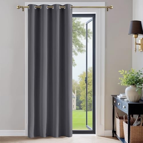 PONY DANCE Grey Door Curtain Blackout - 90 Inch Drop Front Door Curtain Ring Top Sounproof Themal Insulated Panel for Living Room, Bedroom, Kitchen, Nursery Room