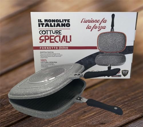 Gmd Cookware Italy Fornetto Padella Antiaderente 32 x24 Cm, Bistecchiera E Piastra Grill Doppia Faccia Rettangolare, In Alluminio Pressofuso con Chiusura Ermetica, Anche Ad Induzione
