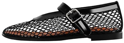 VERISSON Damen Ballerinas Riemchen Flache Schuhe mit Schnalle Fischnetz Ballets Lackoptik Schwarz 38 EU