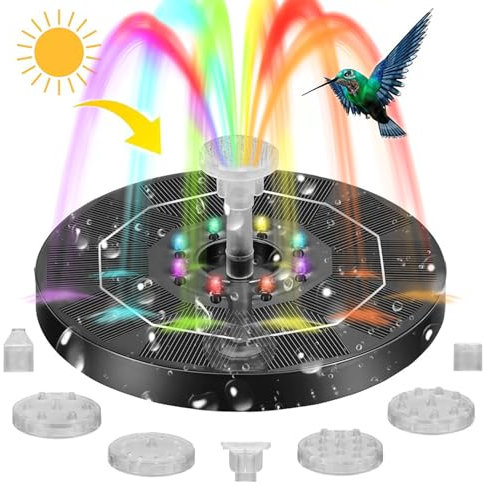 Solar Fountain,COOPOY 2024 Upgraded 100% Glass Panel,3.5W Solar Birdbath Fountains with Colorful Light Built-in 3000 Battery with 8 Spray Modes & 4 Fixed Pipes for Garden,Pool,Outdoor,Pond